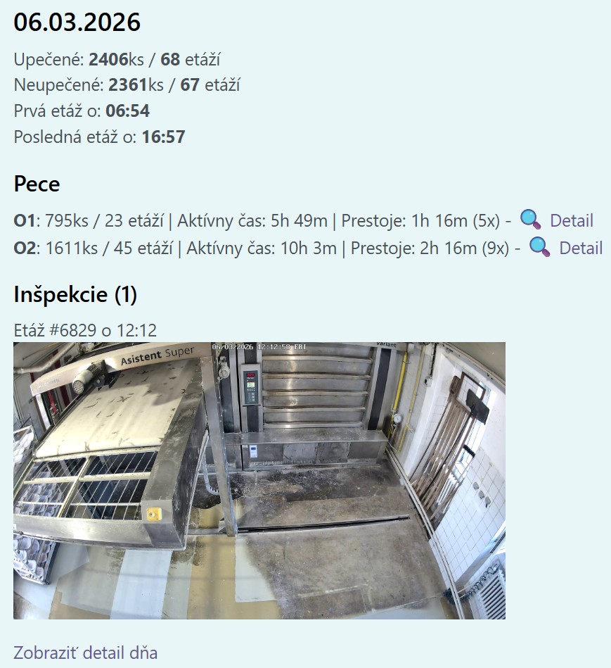 Daily production report with oven statistics and camera inspection